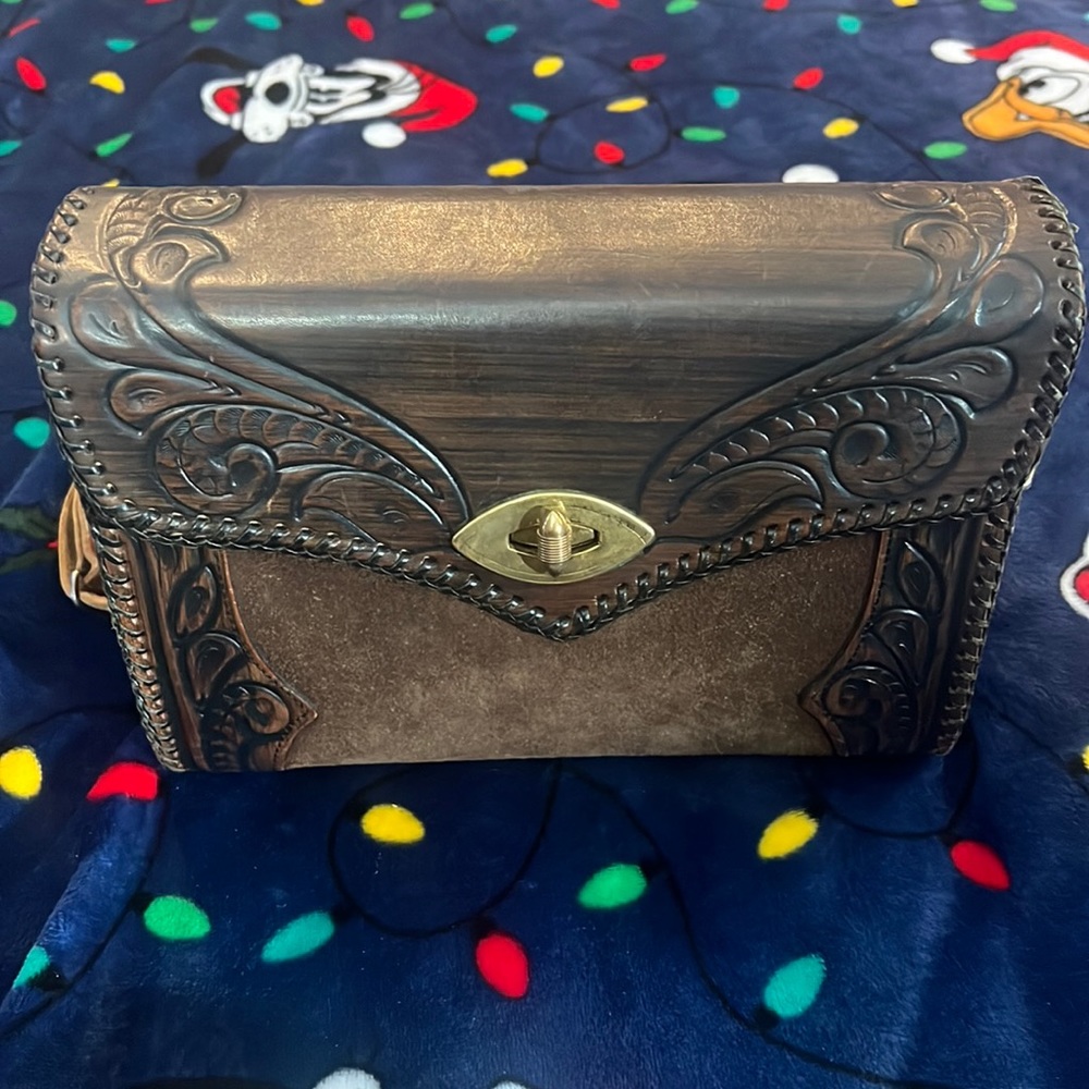 Vintage Joo Kay Hand Tooled Leather Purse Handbag Brown Western Shoulder